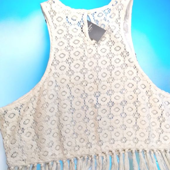 Y2K A & F Cropped Beaded Embroidered Fringed Lace Top Halter Sz L New W Tags - Picture 2 of 10